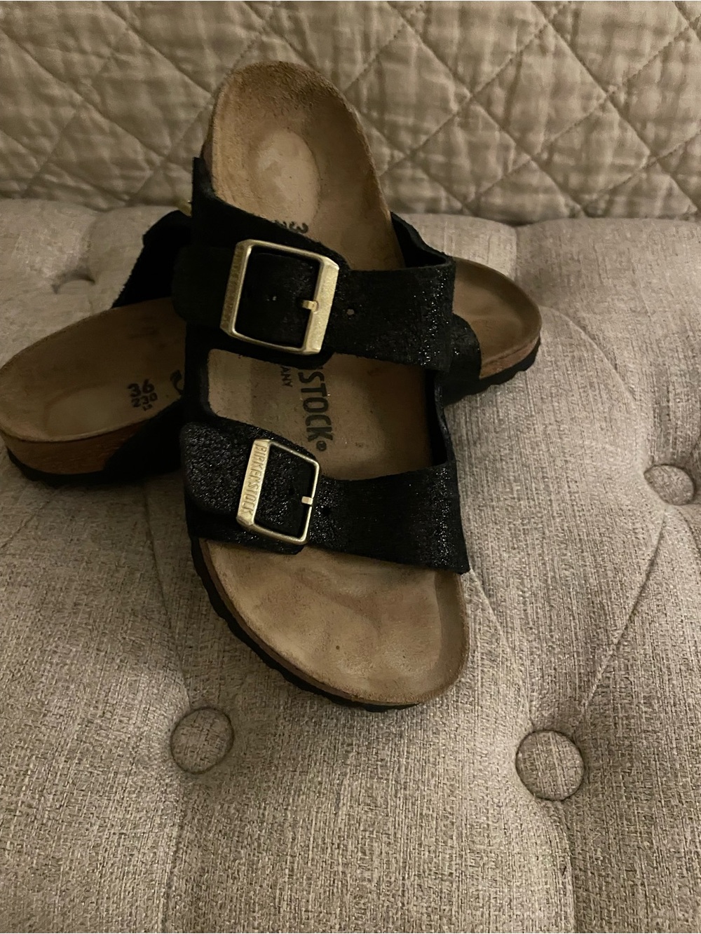 Birkenstock Black Glitter Two-Strap Sandal with Gold Buckles